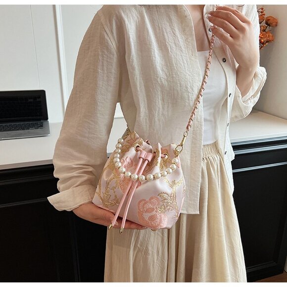 Chic Pearl Handle Embroidered Handbag /Multiple colors available - Picture 5 of 16